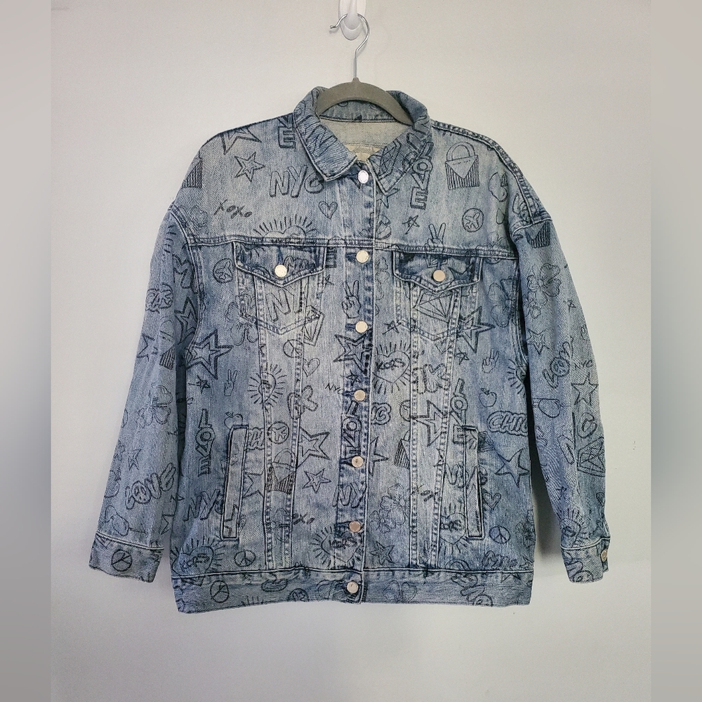 MICHAEL Michael Kors Graffiti Print Denim Jacket 100% Cotton S Oversized
